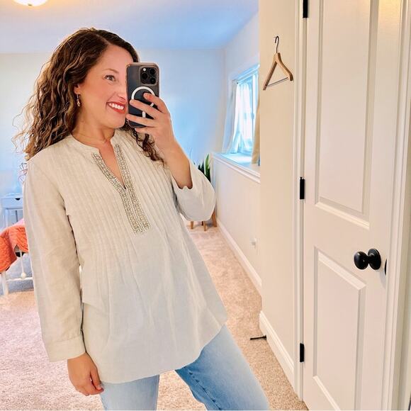 Chico’s Gray Linen Cotton Diamond Embellished Top Blouse 1 Medium - Picture 1 of 13